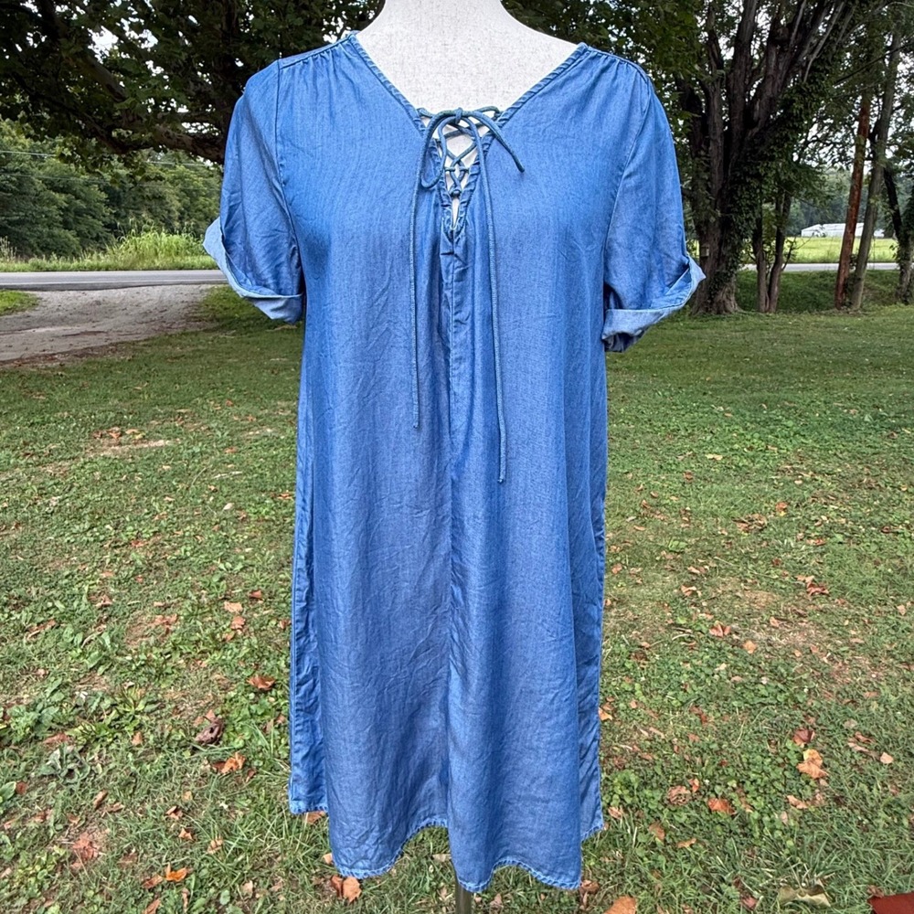 Lucky Brand Womens Blue Lyocell Lace Up V-Neck Shift Dress Medium Wash M - Picture 2 of 10